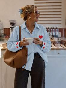 Women's Autumn/Winter Vacation Blue Button-Up Shirt With Pockets And Heart Decoration, Suitable For Brunch, Vacation And Daily Wear - Blue - View 8