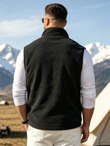 Men's Casual Solid Color Stand Collar Sleeveless Jacket, Fleece Outdoor Jacket, Autumn/Winter Vest - Black - View 5
