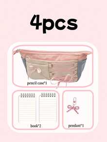 4pcs Sweet Ballet‑Style Lace‑Up Pencil Pouch Set, Includes 2 Notebooks & 1 Bow Charm Keychain - Sets - View 6