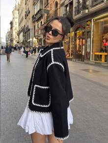 Women's Colorblock Ruffle Trim Short Jacket, Lapel Collar Button Front Long Sleeve Casual Short Coat With Pockets - Black - View 4