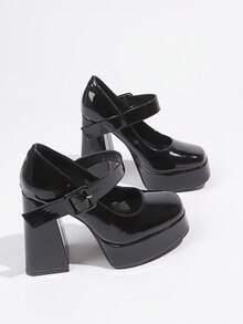 Women's Black Square Toe Mary Jane Pumps With Thick Sole And Chunky High Heel, Buckle Strap, Suitable For Graduation, Prom, Party, Concert - Black - View 1