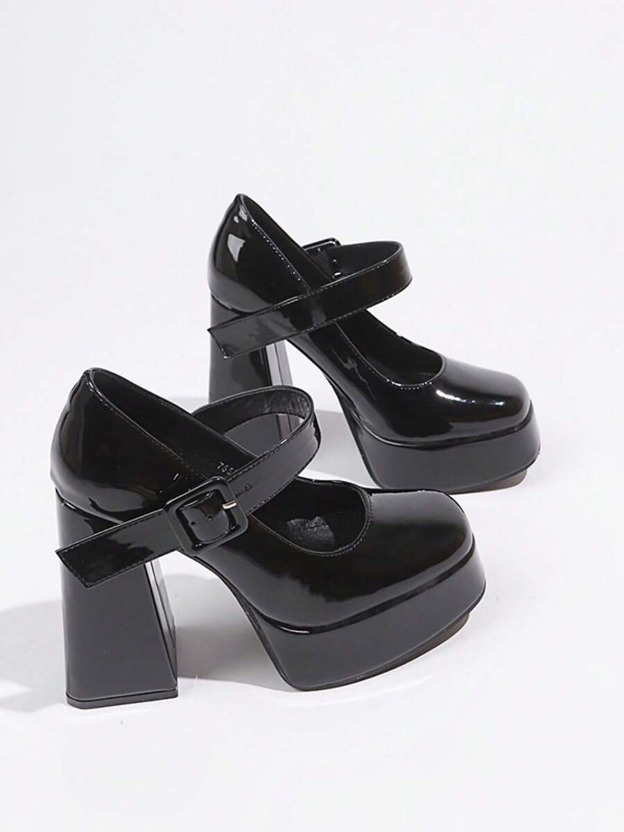 Women's Black Square Toe Mary Jane Pumps With Thick Sole And Chunky High Heel, Buckle Strap, Suitable For Graduation, Prom, Party, Concert - Black - View 1