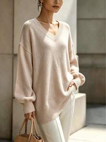 Plus Size Loose V-Neck Knit Dress, Women's, Batwing Sleeves, Asymmetrical Ribbed Hem, Suitable For Autumn/Winter - Apricot - View 2