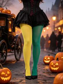 1 Pair Asymmetrical Two-Tone Patchwork Tights, Solid Matte Warm Leggings, Women's Halloween Party Cosplay Costume Accessory - Multicolor - View 1