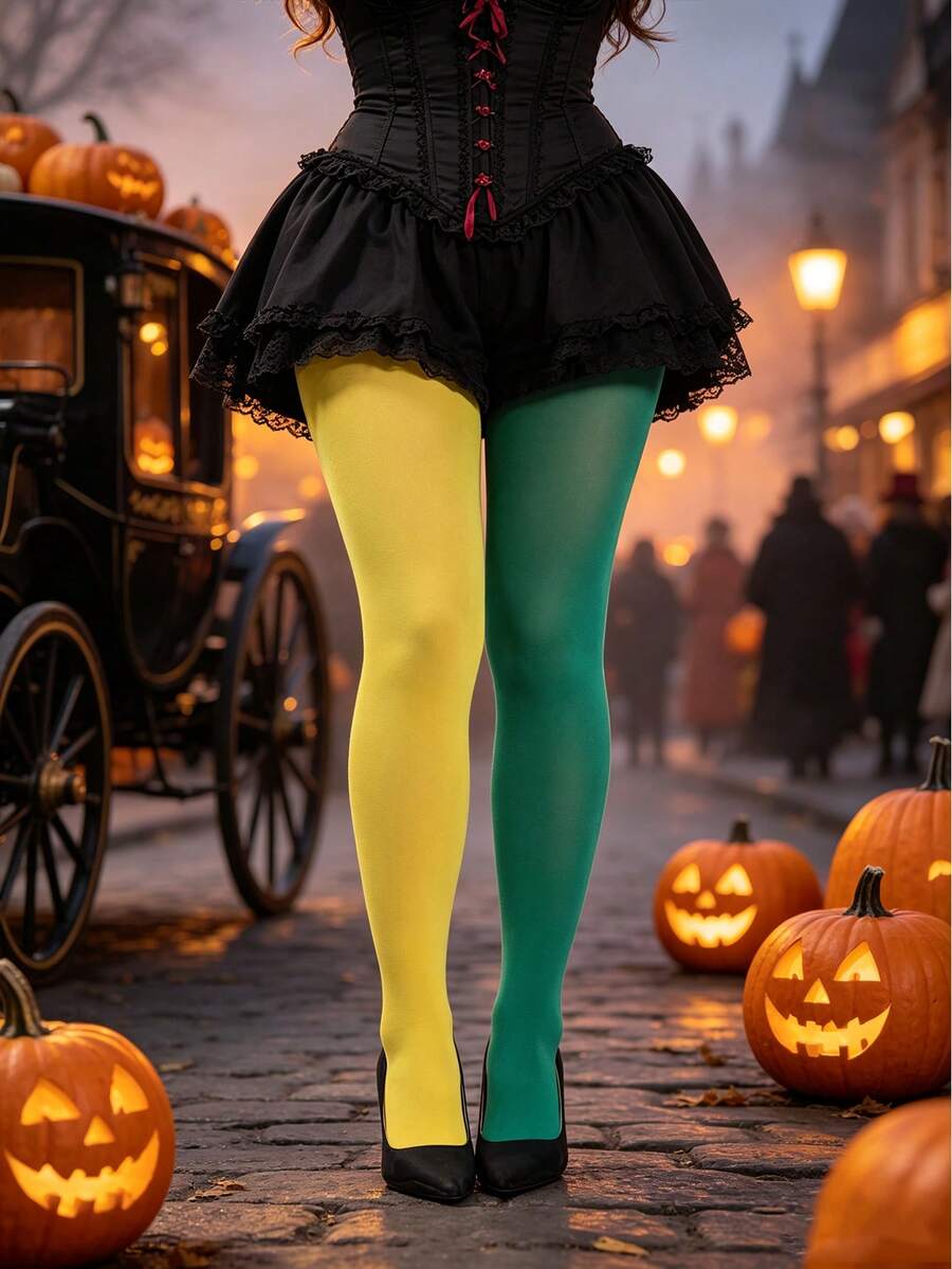 1 Pair Asymmetrical Two-Tone Patchwork Tights, Solid Matte Warm Leggings, Women's Halloween Party Cosplay Costume Accessory - Multicolor - View 1