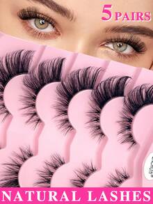 ENCHUW 5 Pairs Natural Curly Cat Eye Transparent Stem False Eyelashes For Daily, Suitable For Beginners Strip Lashes,Lashes,Eyelashes,Fake Lashes - Black - View 1