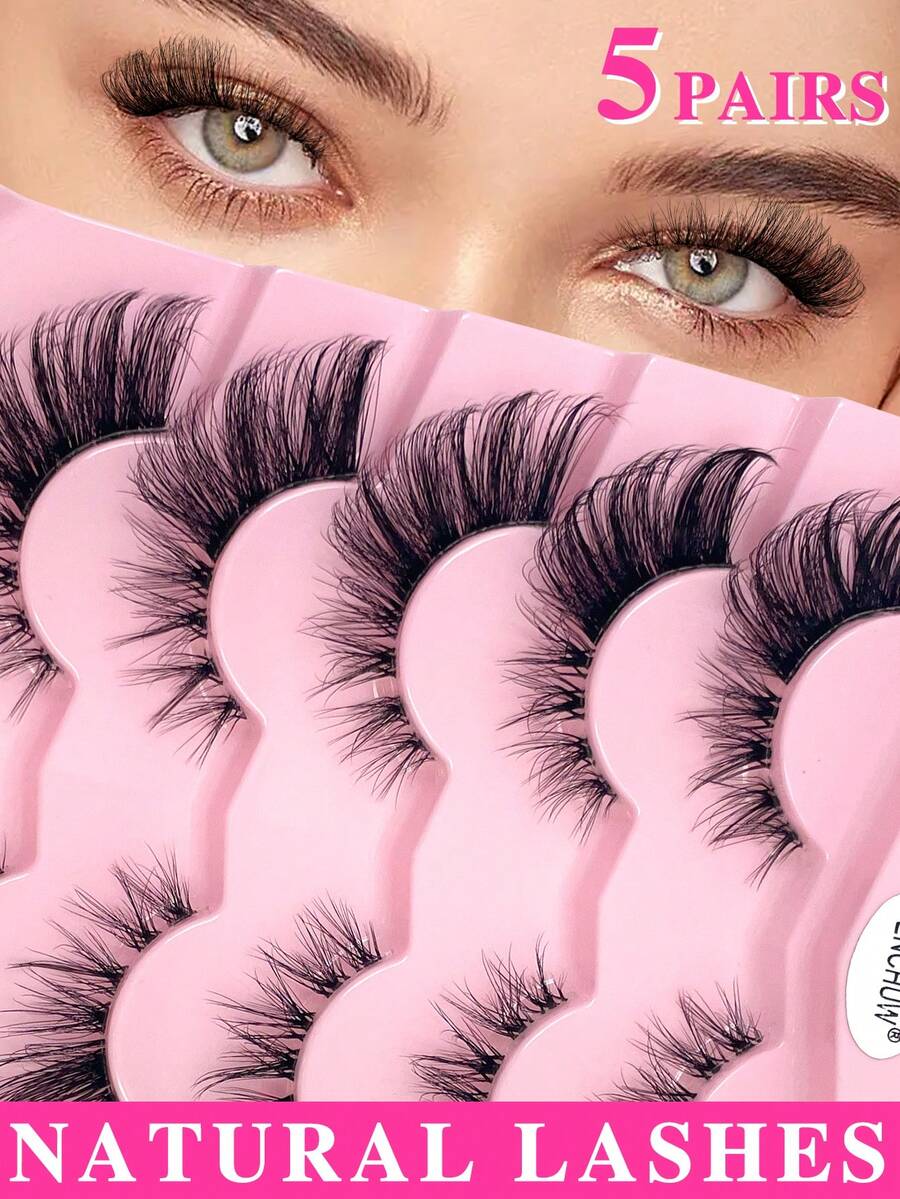 ENCHUW 5 Pairs Natural Curly Cat Eye Transparent Stem False Eyelashes For Daily, Suitable For Beginners Strip Lashes,Lashes,Eyelashes,Fake Lashes - Black - View 1