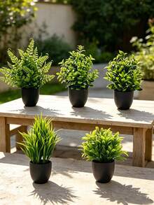 Small Artificial Potted Plants/Faux Moss Stones (1, 2, Or 3 Piece Set) - Green Plants With Black Pots; Suitable For Home Decor, Office, Dining Table, Farmhouse Style Spaces, Patio And Bathroom. - Black - View 3