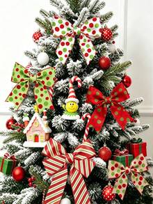 5pcs Christmas Wired Edge Ribbon Elf Hat And Leg Multi-Point Vortex Diagonal Stripe Ribbon Family Party Bow Decoration Christmas Tree Wreath Gift Packaging DIY Crafts, 2.5 Inches (Cute Style) - 1 YEAR - View 2