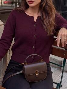 DONICY Women's Burgundy Round Neck Single Breasted Cropped Knit Cardigan Sweater, Spring/Autumn Casual & Office Wear Winter - Burgundy - View 11