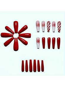 Women's Christmas Fake Nails Red & White Gradient Ballet Shape Long Classic Christmas Nail Art Pattern Red & White Striped White Gradient Snowflake Pattern Glossy Finish - Red - View 2
