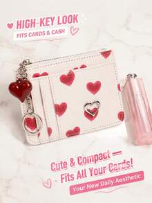 Women's Cute Y2K Red Heart Print PU Leather Card Holder, With Key Ring, Heart Charm And Metal Details, Zipper Mini Wallet - White - View 2