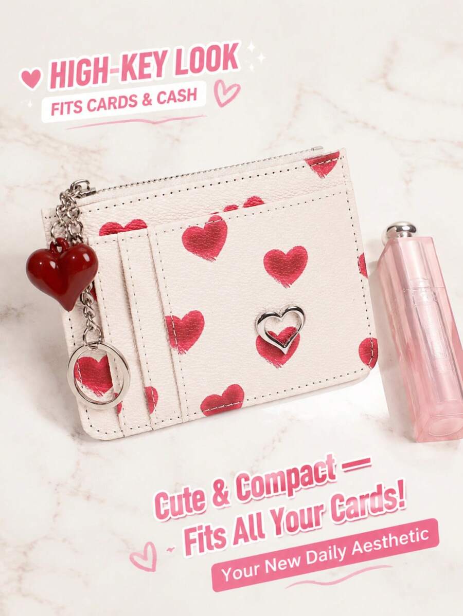 Women's Cute Y2K Red Heart Print PU Leather Card Holder, With Key Ring, Heart Charm And Metal Details, Zipper Mini Wallet