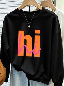Plus-Size Women's Fashion Crew Neck Sweatshirt, Orange And Pink Color-Blocked "Hi" Graphic Print, A Casual Street Style Top For Autumn And Winter. - Black - View 8