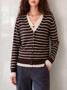 Cardigan Rajut Leher V 2-in-1 Bergaris Klasik Elegan Kasual Musim Gugur untuk Wanita - Coffee Brown - View 4