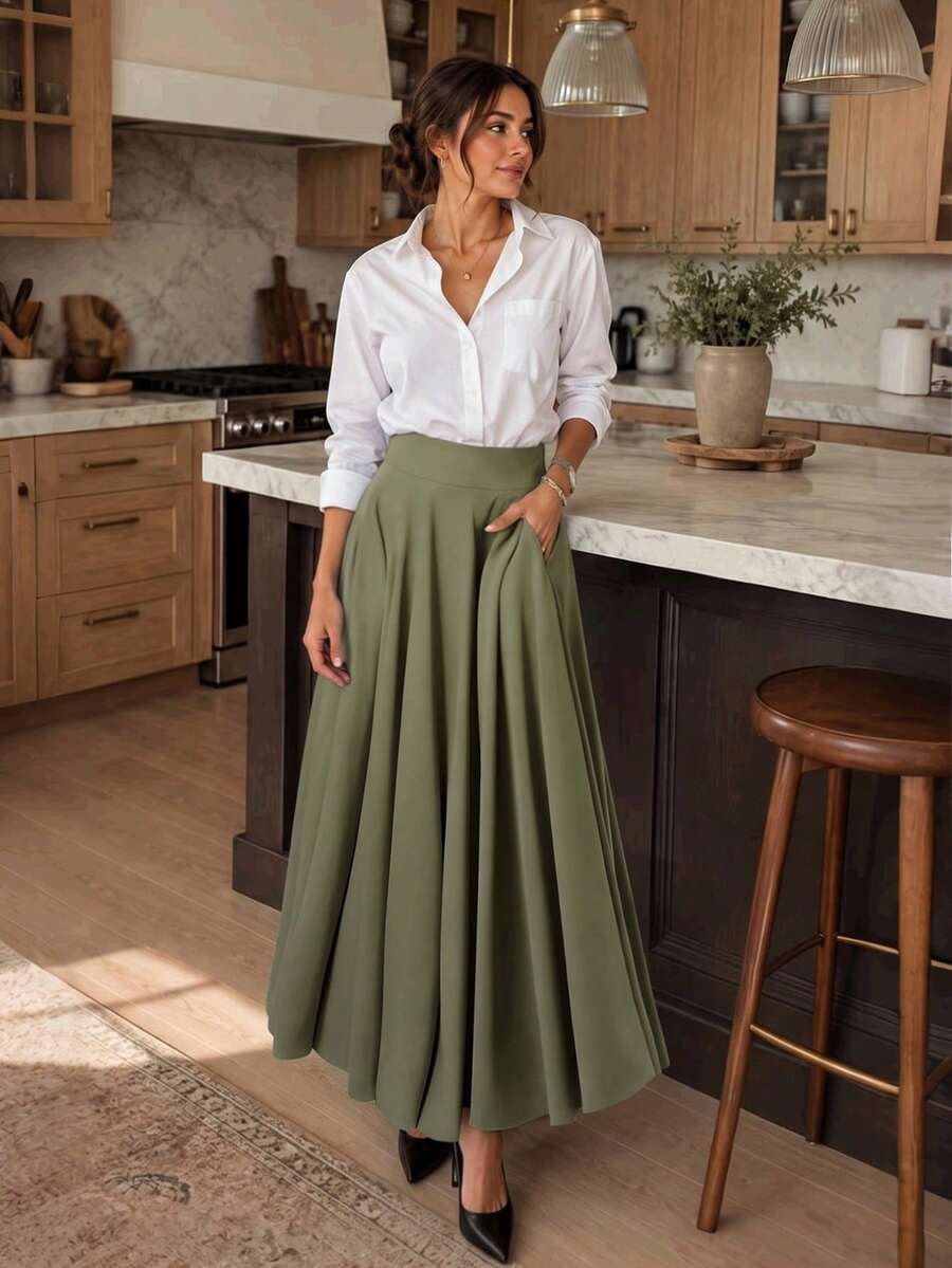 Women's Casual Solid Color Skirt, Summer Spring - Army Green - View 1