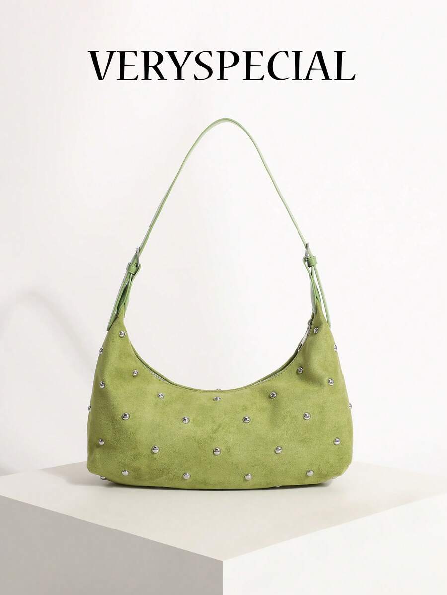 1pc Green Premium Fashion Suede Texture Crescent Bag, Double-Sided Rivet Decor, Underarm Bag, Suitable For Daily Commute, Shopping, Dating - Green - View 1
