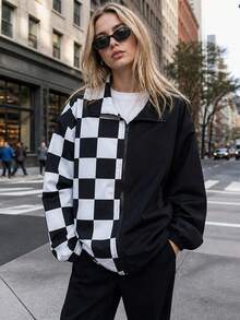 Women's Spring/Autumn Black & White Plaid Stand Collar Zip-Up Jacket, Asymmetric Patchwork Loose Casual Outerwear With Adjustable Drawstring Hem - Black - View 5