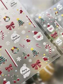 Cute Cartoon Christmas Nail Stickers 1Sheet, 3D Embossed Santa Candy Cane Xmas Tree Plaid Bow Snowflake Self-Adhesive Nail Decals, Easy Apply Winter Nail Art Decor - Multicolor - View 6