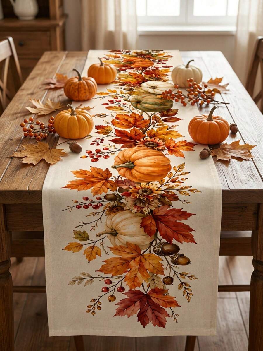 Autumn Pumpkin Table Runner, Maple Leaf Berry Acorn Floral Print Dining Table Decor, Suitable For Thanksgiving, Harvest Party, Kitchen, Dining Room And Farmhouse Home Decor - Multicolor - View 1