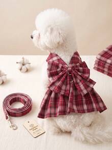 1pc Plaid Dog Dress Harness & Leash Set, Cute Bow Princess Style Pet Dress, Adjustable Breathable Harness, Suitable For Puppies, Small Dogs And Cats, Pet Walking Set - Multicolor - View 8