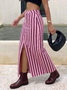 Women's Casual Pink Striped Denim A-Line Maxi Skirt With Slit Design - Pink - View 4