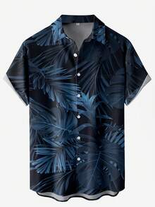 Men's Royal Blue Tropical Leaf Print Short Sleeve Shirt, Casual Button-Up Vacation Shirt - Royal Blue - View 2