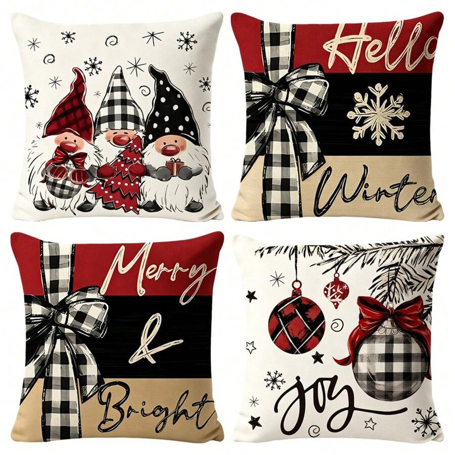 4件組冬季條紋聖誕節「Merry Christmas」聚酯纖維枕套[不含枕芯]，尺寸：45*45cm，[單面印花]聖誕節假期裝飾枕套，房間裝飾，家居裝飾，臥室裝飾，沙發，客廳，臥室，汽車，辦公室，酒店，B&B裝飾用品，送給朋友和家人的完美禮物