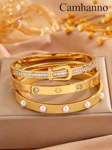 Camhanno 3/1pc Stainless Steel Plated 18K Gold Bracelet Set With Sand Faced Pearl For Women's Style, Handmade Set - Gold - View 9