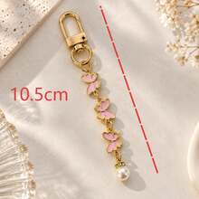 1pc Women's 3 Pink Butterfly Oil Drop Pendant With Faux Pearl Inlay Keychain, INS Style Bag Charm, Minimalist Creative Wallet Accessory - Pink - View 3