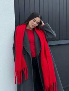 1pc Women's Christmas Red Solid Color Versatile College Style Elegant Chunky Knit Thick Warm Scarf, Suitable For Cold Weather Shopping - Multicolor - View 5