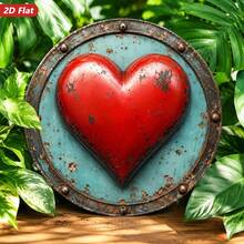 2D Flat, 1pc Rustic Style Heart-Shaped Round Metal Sign Wall Art, Red Heart Pattern, Distressed Turquoise Background, Rustic Metal Appearance, Vintage Farmhouse Style, Suitable For Bedroom Studio, Home Decor Accent (Random Hole Position) - A - View 3