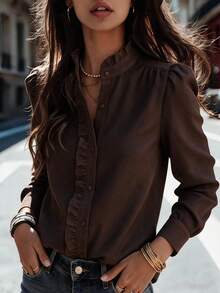 Women's Elegant Ruffle Collar Stand Collar Blouse, Puff Long Sleeve, Autumn/Winter Essential - Coffee Brown - View 7