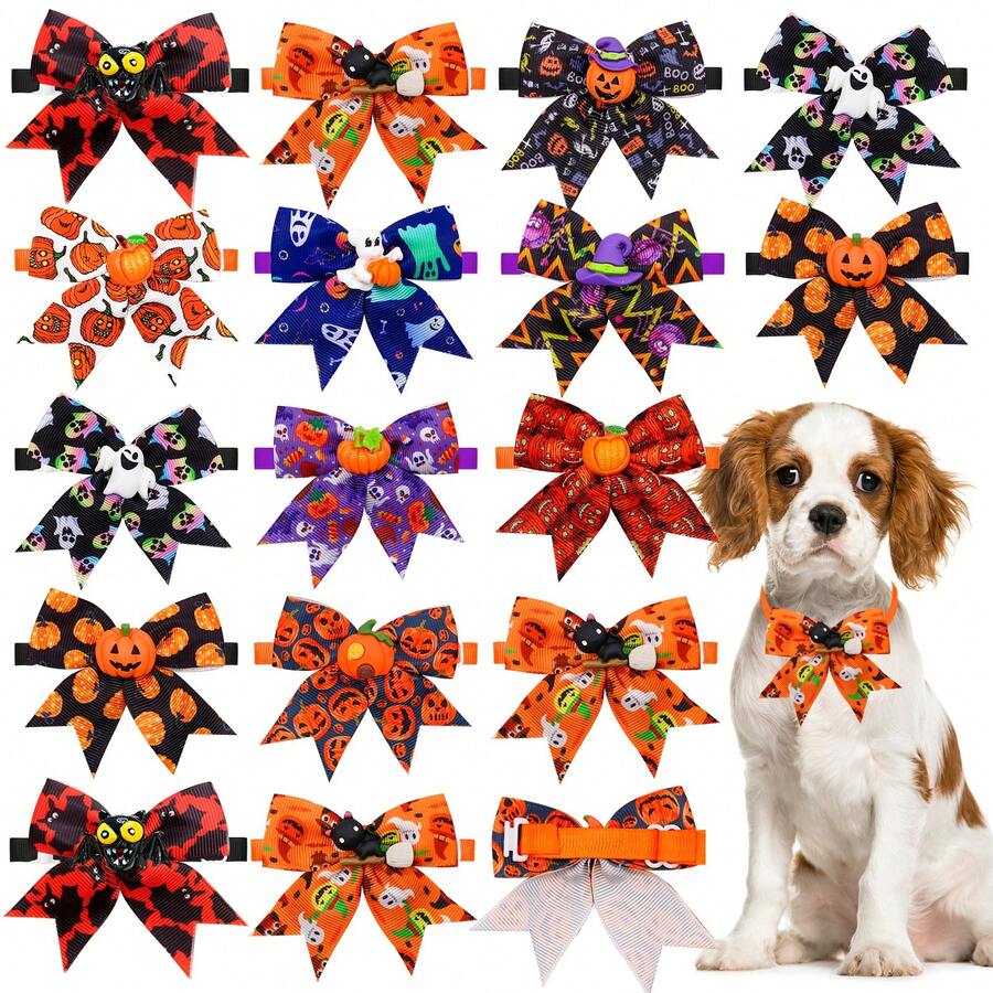 6/10pcs Halloween Pet Bow Tie Pumpkin Hat Decor, Holiday Party Supplies, Universal For Cats And Dogs, Random Color - Multicolor - View 1