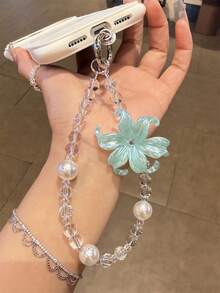 美學奢華百合花珍珠手機掛繩，極簡透明珠飾掛繩手鍊，通用女性配件禮物 - 薄荷藍 - 查看 3