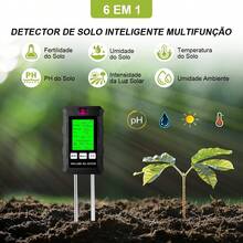 Este kit de análise de solo 6 em 1 inclui um medidor de umidade do solo/medidor de pH/medidor de luz solar/medidor de fertilidade, visor LCD, medidores de umidade do ar e do solo e um termômetro. É adequado para manutenção de jardins, fazendas e gramados, e também inclui um medidor de umidade para plantas. - A - Visão 2