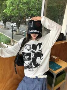 Women's American Vintage Distressed Rock Print Long Sleeve T-Shirt, Loose Fit Crew Neck Versatile Top - White - View 6