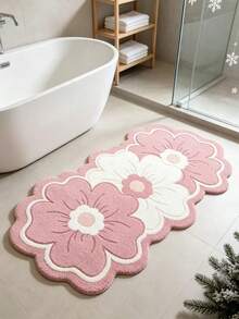 1pc 2026 New Pink & White Large Flower Wavy Asymmetrical Long Bedside Rug, Suitable For Bedroom Bedside, Walk-In Closet, Girly Cream Style Home Decor, Petal Outline Flower Flocked Decorative Mat, Bedroom Rug, Bedside Rug, Decorative Rug, Washable Rug, Indoor Flower Shaped Mat, Daily Home Gift - Multicolor - View 2
