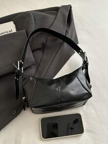 Tas Bahu Kulit Resleting Desain Niche untuk Gadis Keren, Tas Lengan Gaya Vintage Eropa dan Amerika dengan Kantong Resleting, Produk Baru - Hitam - View 9