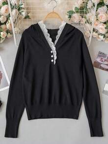 Korean Style Soft Lace Patchwork Hooded Knit Sweater, Raglan Sleeve Half-Button V-Neck Slimming Long Sleeve Top For Women - Black - View 7
