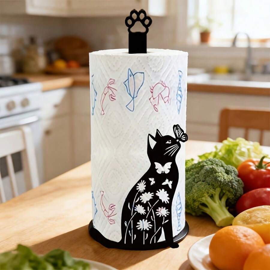 2D Flat Design Cute Black Cat & Butterfly Acrylic Paper Towel Holder, Kitchen Countertop Roll Paper Rack, Cat Lover Decor, Vintage Farmhouse Style Bathroom Standing Paper Towel Holder, Creative Animal Silhouette Design, High-Value Home Storage Rack - Multicolor - View 1