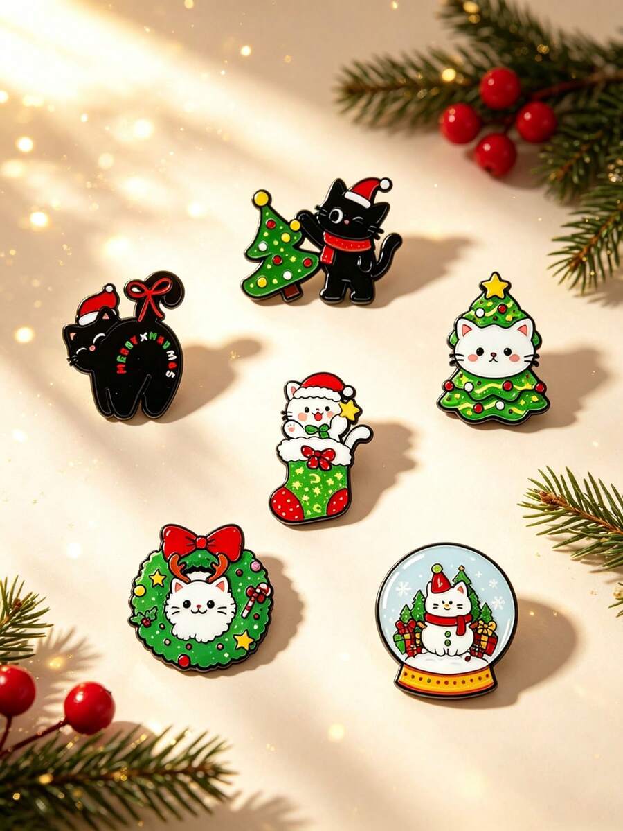 Alloy Enamel Pin/Brooch: Christmas Tree, Crystal Ball, Cat, Snowman, Wreath, Or Stocking – Gift For Backpacks
