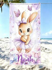 Custom Name Purple Ballerina Bunny Beach Towel, Soft Quick-Dry Single-Sided Towel, Violet Bow Heart Rabbit Pattern For Beach Pool, Girls Birthday Gift - Multicolor - View 3