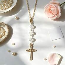 1pc. Rhinestone Cross Car Pendant, Cut Crystal Beads With Golden Chain, Protecting Your Every Journey, Bag And Home Dual Use Holiday Gift - Cross - View 5
