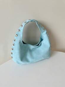 Autumn/Winter New Vintage Rivet Crescent Handbag Niche Design Hot Girl Large Round Bag Versatile High-End Commute Shoulder Underarm Bag - Baby Blue - View 2