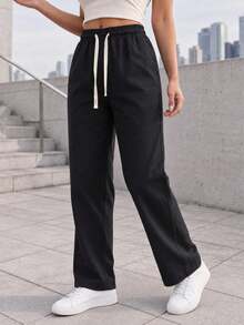 Women's Black Casual Wide Leg Pants Elastic Waist Adjustable Drawstring Relaxed Loose Fit Full Length Everyday Trousers - Black - View 2