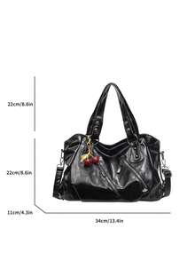 Fashion Solid Color PU Shoulder Tote Bag With Pendant Decoration, Suitable For Women Shopping, Commuting And Daily Use - Black - View 2