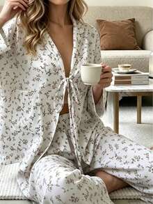 Nina Bonheur 2pcs Women's Loose Comfortable Breathable Long Sleeve Top + Long Pants Cute Pajama Set - White - View 5