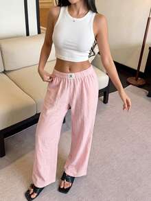 DAZY 1pc Women Striped Elastic Waist Wide Leg Lounge Pants - Pink - View 2