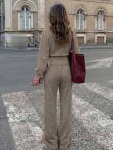 Women's Fashion Casual Sweater + Mid-Waist Pants 2pcs Set - Camel Brown - View 4